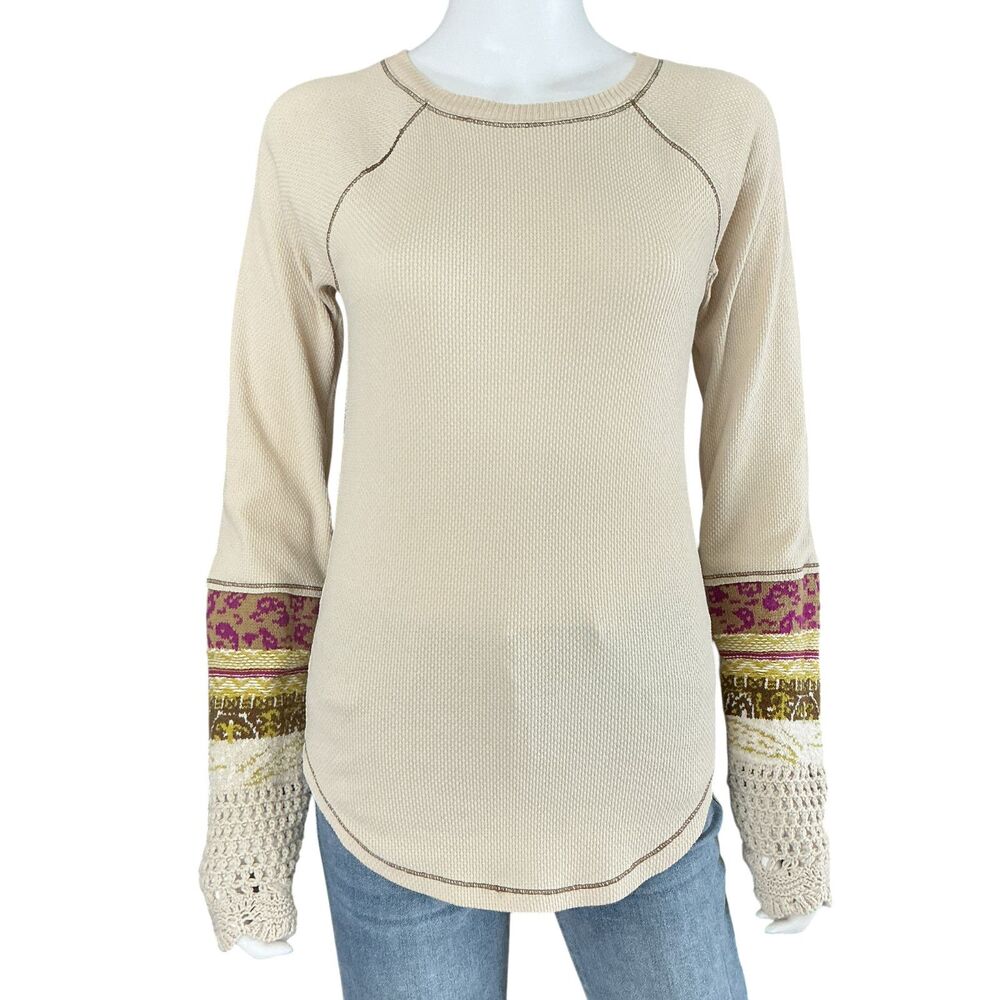 Free People In The Mix Thermal Top Size L Cream Crochet Cuff Waffle Knit BOHO